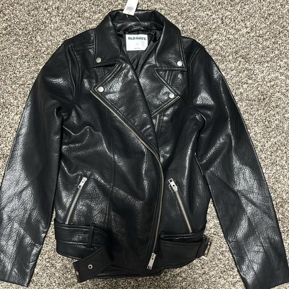 NWT! Old Navy Black Faux-Leather Belted Biker Jacket - Size Small - Picture 5 of 6